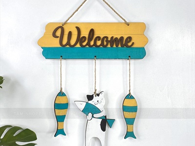 Bảng Welcome Mèo Cá PCB [Bằng gỗ - ĐK 30cm] BTC-WEL-09